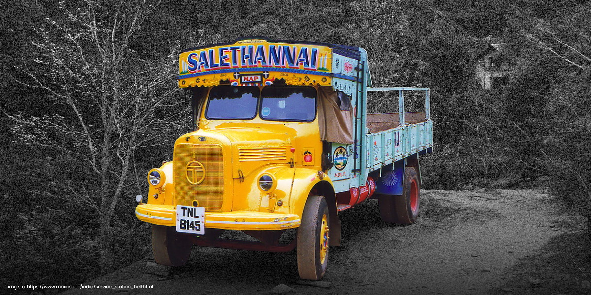 A fully painted truck, side on